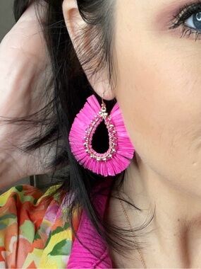 Vibrant Pink Raffia Gold Tassel Teardrop Earrings